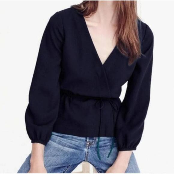 J. Crew Tops - J.Crew Drapey Crepe Black Long Sleeve V-Neck Faux Wrap Blouse Sz 6 Preppy Chic
